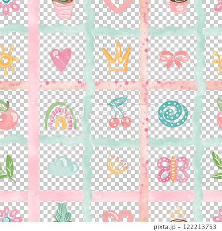 Cute checkered seamless doodle pattern illustration. Naive cartoon design with rainbow, butterfly, sun for nursery wallpaper or kindergarten decor. For children s products or preschool backgrounds. Cute checkered seamless doodle pattern illustration. Naive cartoon design with rainbow, butterfly, sun for nursery wallpaper or kindergarten decor. For children s products or preschool backgrounds. 122213753
