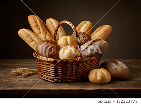バスケットに入った焼きたてパンの盛り合わせ 122213778