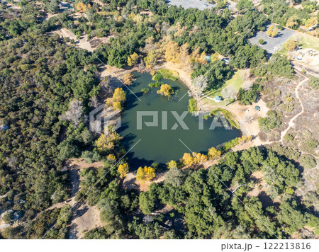 Aerial view of small lake in the in the valley of Dos Picos County Park in Ramona 122213816