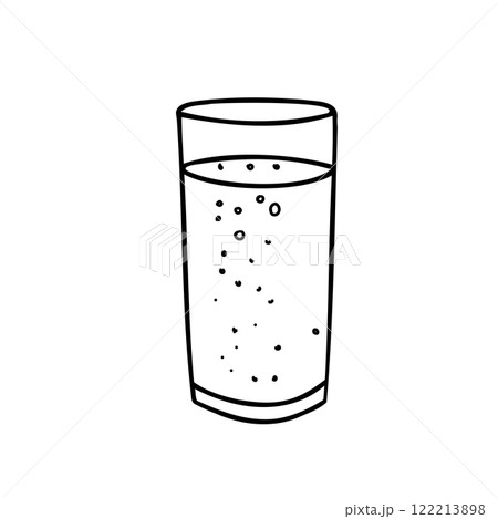 Tall Glass with Water with Bubbles or a Fizzy Drink. A Black and white outline drawing. Minimalist style illustration in Doodle Style isolated on a background. Ideal for beverage branding, restaurant 122213898