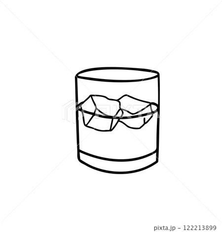 Glass of Whiskey or other Drink and Ice. Hand drawn Vector illustration in Doodle style isolated on a white background. A simple minimalist Black and white illustration. Perfect for use in menu design Glass of Whiskey or other Drink and Ice. Hand drawn Vector illustration in Doodle style isolated on a white background. A simple minimalist Black and white illustration. Perfect for use in menu design 122213899
