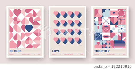 Three Valentines Day cards with abstract hearts, geometric patterns, and romantic symbols 122213916