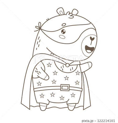 Outline Capybara Superhero in Mask and Star Cloak. Funny Cartoon kawaii animal. Line drawing, coloring page. Vector illustration. Kids collection Outline Capybara Superhero in Mask and Star Cloak. Funny Cartoon kawaii animal. Line drawing, coloring page. Vector illustration. Kids collection 122214101