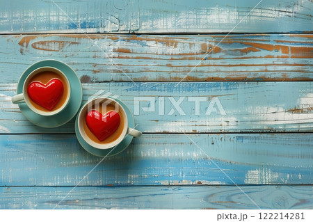 Two heart-themed coffee cups on a rustic blue wooden surface 122214281