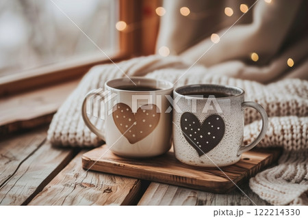 Two cups of coffee on a wooden surface with cozy heart decorations 122214330