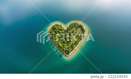 Heart shaped island surrounded by water with green trees, symbol of harmony, love and nature, concept of romance, travel and ecology, top view Heart shaped island surrounded by water with green trees, symbol of harmony, love and nature, concept of romance, travel and ecology, top view 122214545