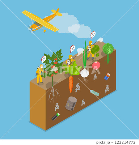 3D Isometric Flat Vector Illustration of Vegetables In Toxic Polluted Soil, Spraying Insecticides And Pesticides 122214772