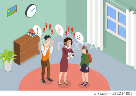 3D Isometric Flat Vector Illustration of Children Misunderstanding with Their Families, Scandal at Home 122214805