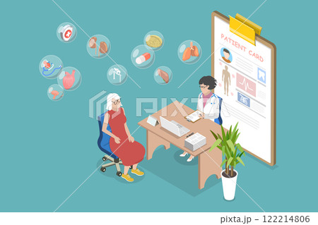 3D Isometric Flat Vector Illustration of Senior Health Care, Doctor Consulting a Old Patient 3D Isometric Flat Vector Illustration of Senior Health Care, Doctor Consulting a Old Patient 122214806