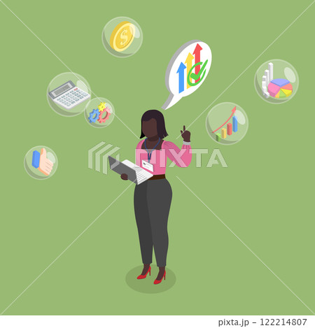 3D Isometric Flat Vector Illustration of Financial Analyst, Stock Market Trends 122214807