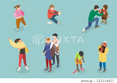 3D Isometric Flat Vector Set of Children Putting Clothes, Dressing Up 122214811