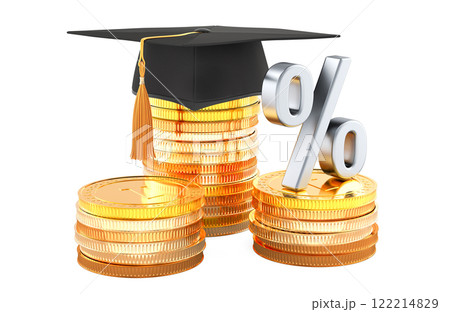 Education price increase, concept. Graduation cap with percent and stacks of gold coins. 3D rendering 122214829