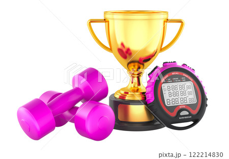 Gold trophy cup award with Fitness Dumbbells and Digital Sports Stopwatch, 3D rendering 122214830