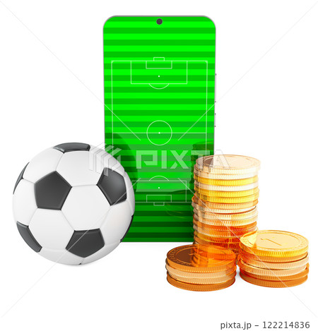 Smartphone with soccer ball and golden coins. Online sport bets, betting concept. 3D rendering 122214836