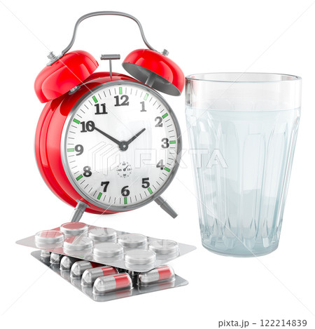 Time to take medicine, concept. Pills with water in glass and alarm clock. 3D rendering Time to take medicine, concept. Pills with water in glass and alarm clock. 3D rendering 122214839