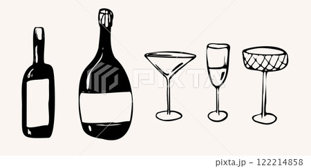 Hand drawn dinner vector set with bottles and glasses. illustration in a sketch whimsical line art style. bold outlines and minimal details. for menus, branding, packaging, social media, and decor 122214858