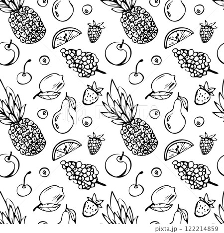 Hand drawn vector seamless pattern with fruits. pineapple, lemon, pear, cherry and grapes in whimsical line art style. Monochrome illustration for menu, prints, packaging, posters, and invitations Hand drawn vector seamless pattern with fruits. pineapple, lemon, pear, cherry and grapes in whimsical line art style. Monochrome illustration for menu, prints, packaging, posters, and invitations 122214859