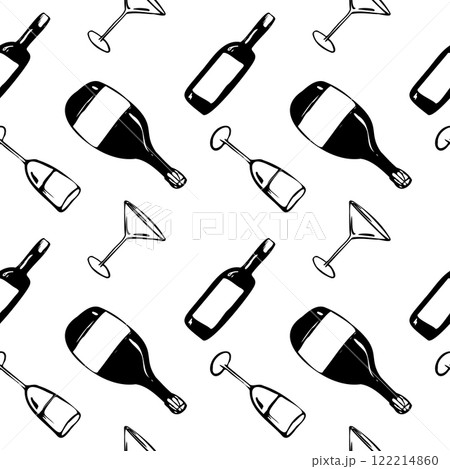Hand drawn dinner vector set with bottles and glasses. illustration in a sketch whimsical line art style. bold outlines and minimal details. for menus, branding, packaging, social media, and decor 122214860