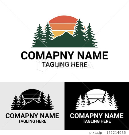 Forest Landscape Logo Design Template with Vintage Sun, Pine Tree and Mountain. Forest Landscape Logo Design Template with Vintage Sun, Pine Tree and Mountain. 122214986