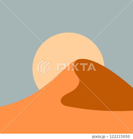 Vector illustration. Abstract landscape with the sun rising over the dunes. The use of warm, calm tones creates the atmosphere of a desert sunset. 122215050