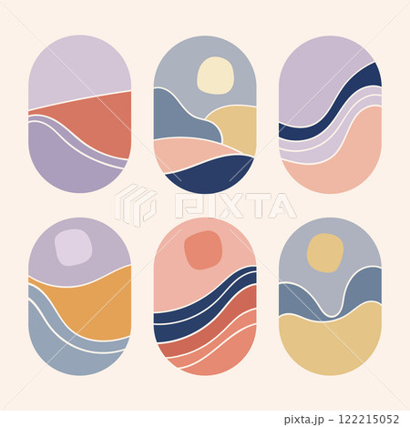 Modern graphic design with abstract ovals and wavy lines. The combination of bright and pastel colors creates a stylish composition. This work radiates lightness and is suitable for decorative design. Modern graphic design with abstract ovals and wavy lines. The combination of bright and pastel colors creates a stylish composition. This work radiates lightness and is suitable for decorative design. 122215052