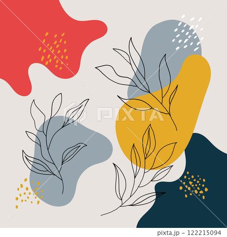 Abstract composition with soft shapes in warm and cold tones of yellow, blue, red, supplemented with graphic elements in the form of plants. 122215094