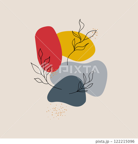 Abstract composition with soft shapes in warm and cold tones of yellow, blue, red, supplemented with graphic elements in the form of plants. 122215096