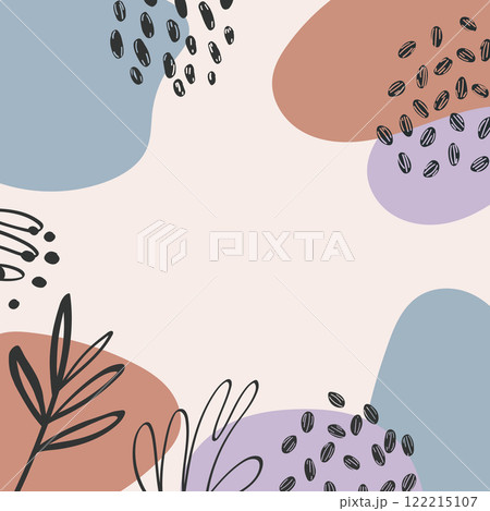 Vector illustration. Modern abstract design with flowing shapes and contoured leaves. The main colors are beige, pink, blue, orange. Vector illustration. Modern abstract design with flowing shapes and contoured leaves. The main colors are beige, pink, blue, orange. 122215107