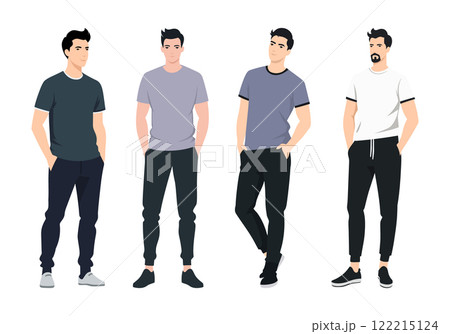 Vector illustration. Group of four men in modern casual style. Each is dressed in simple yet stylish clothing using neutral colors of black, white and shades of grey. 122215124