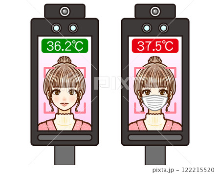 顔認証体温計で体温検査をする大人女性のイラスト素材 122215520
