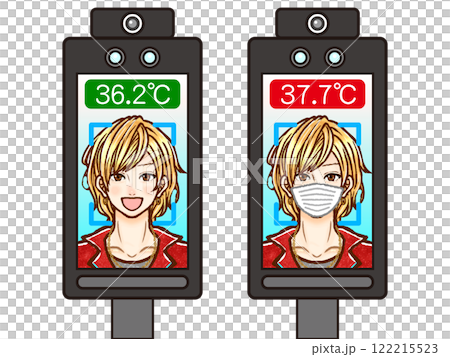 Illustration material of an adult man taking a temperature check with a facial recognition thermometer Illustration material of an adult man taking a temperature check with a facial recognition thermometer 122215523