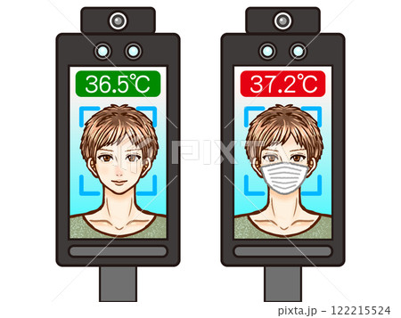 顔認証体温計で体温検査をする大人男性のイラスト素材2 顔認証体温計で体温検査をする大人男性のイラスト素材2 122215524