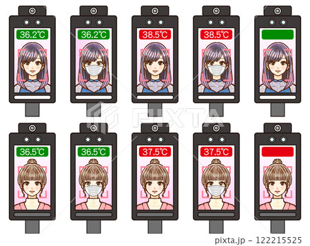 顔認証体温計で体温検査をする大人女性のイラスト素材セット2 122215525