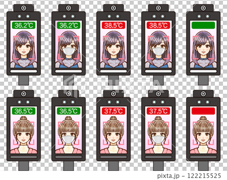 顔認証体温計で体温検査をする大人女性のイラスト素材セット2 122215525