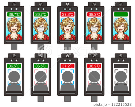顔認証体温計で体温検査をする大人男性のイラスト素材セット2 顔認証体温計で体温検査をする大人男性のイラスト素材セット2 122215528