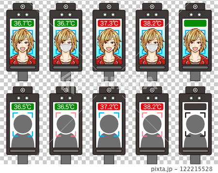 顔認証体温計で体温検査をする大人男性のイラスト素材セット2 顔認証体温計で体温検査をする大人男性のイラスト素材セット2 122215528