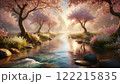 朝日に照らされる桜の木が並ぶ川辺 122215835