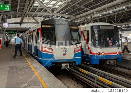 Bangkok, Thailand. January 21, 2025 : Mass Transit System, commonly known as BTS Skytrain. Railroad platform. Bangkok, Thailand. January 21, 2025 : Mass Transit System, commonly known as BTS Skytrain. Railroad platform. 122216140