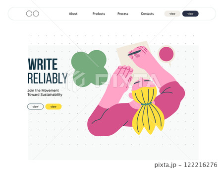Writing people, modern flat vector concept illustration- sitting woman thoughtfully writing on paper, bubble near head, top view. Metaphor for reflection, insight, contemplation, creative expression 122216276