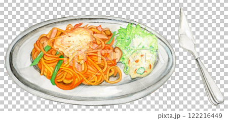 Hand-drawn watercolor illustration of Neapolitan pasta served on a plate 122216449
