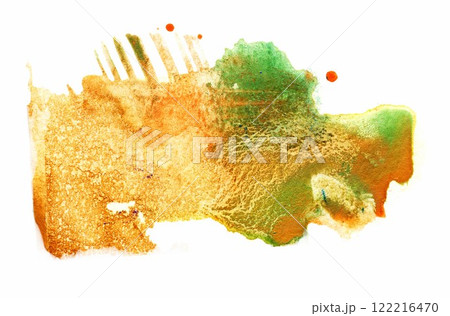 A vibrant splash of orange and green watercolor blending seamlessly on textured paper, showcasing the dynamic beauty of abstract art during the creative process 122216470