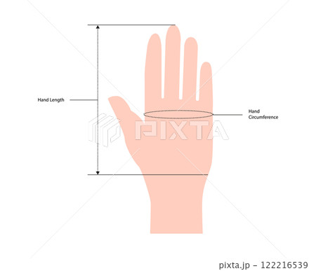 Diagram of measuring hands for Gloves, mittens, mitts nude cartoon Fashion accessory clothing technical illustration.  122216539