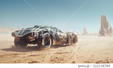 Old rusty car at post apocalypses, view of vintage vehicle in desert like fantasy movie. Concept of dystopia, race, sport, steampunk, technology and apocalyptic future. 122216764