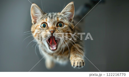 Angry cat in flight at home, portrait of funny jumping pet. Face of flying domestic animal on blurred background. Concept of humor, crazy, kitten, 122216770