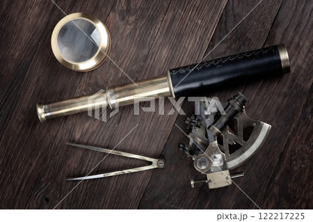 Antique bronze naval instruments - sextant, spy glass. naval dividers and magnifier glass 122217225