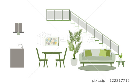 ソファーやダイニングテーブル、キッチンや階段のあるリビング内観イラスト　 122217713