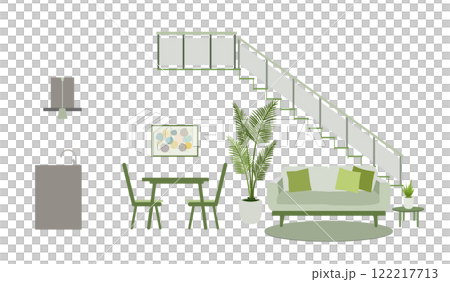 ソファーやダイニングテーブル、キッチンや階段のあるリビング内観イラスト　 122217713