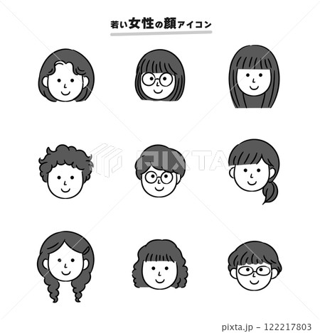 いろいろな女性の顔シンプルアイコン_モノクロ いろいろな女性の顔シンプルアイコン_モノクロ 122217803
