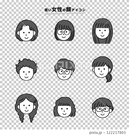 いろいろな女性の顔シンプルアイコン_モノクロ いろいろな女性の顔シンプルアイコン_モノクロ 122217803