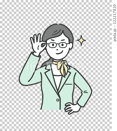 A young woman in a suit holding up her glasses and smiling confidently 122217810